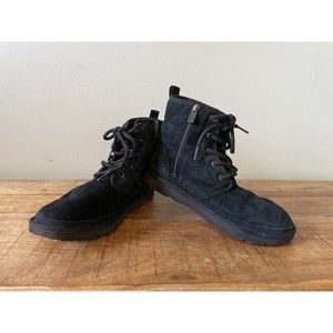 Ugg Size 6 Kid's Neumel High Boot Black Suede Lace Up Warm Winter Wool Fleece